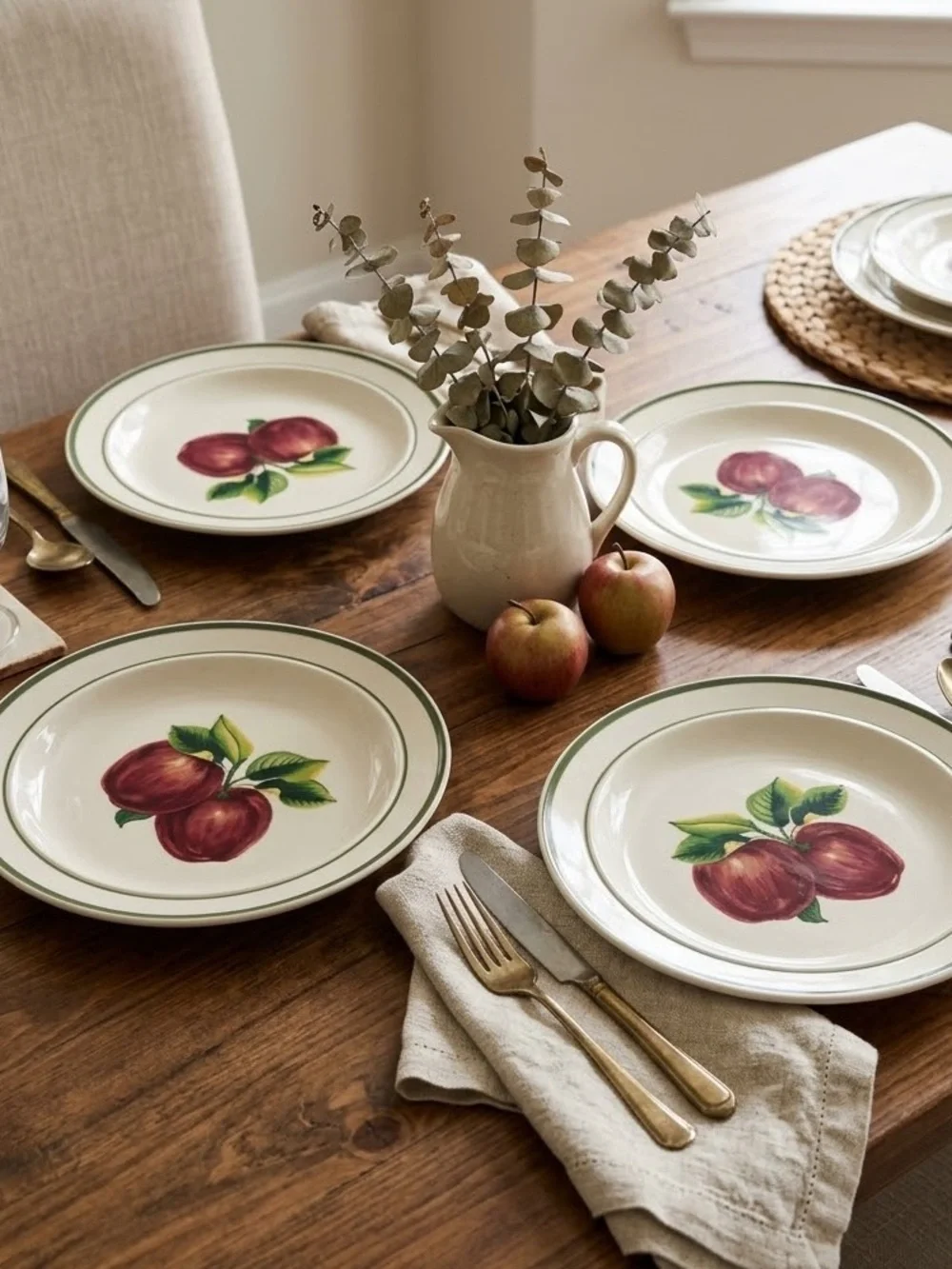 Vintage Apple Stoneware Plates - Cream with Red Apple Motif (Set of 4)